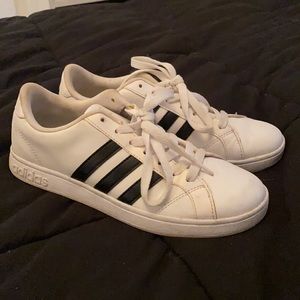 Adidas grand court white shoes with black stripes